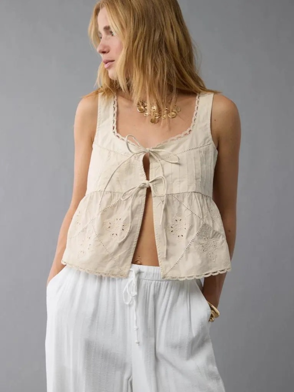 Women’s AE Tie Front Scoop Neck Flyaway Tank Top S
